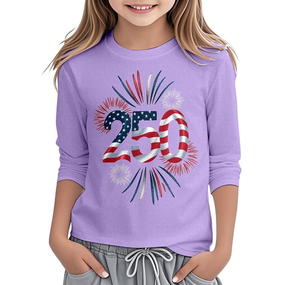 Bysome Toddler Girls Shirts 4Th Of July Graphic Print 3/4 Sleeves Crew Neck Tops Summer Casual American Anniversary Girl T-Shirts Size 10-11 Years Purple
