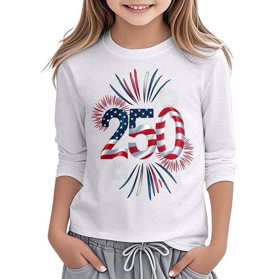 Bysome Toddler Girls Shirts 4Th Of July Graphic Print 3/4 Sleeves Crew Neck Tops Summer Casual American Anniversary Girl T-Shirts Size 3-4 Years White