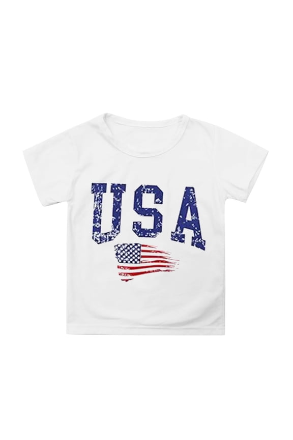 Toddler Girls Tops 4Th Of July Summer Casual Flag And Usa Letter Print Short Sleeves Crew Neck Shirts Independence Day Girl T-Shirts Size 10-11 Years White