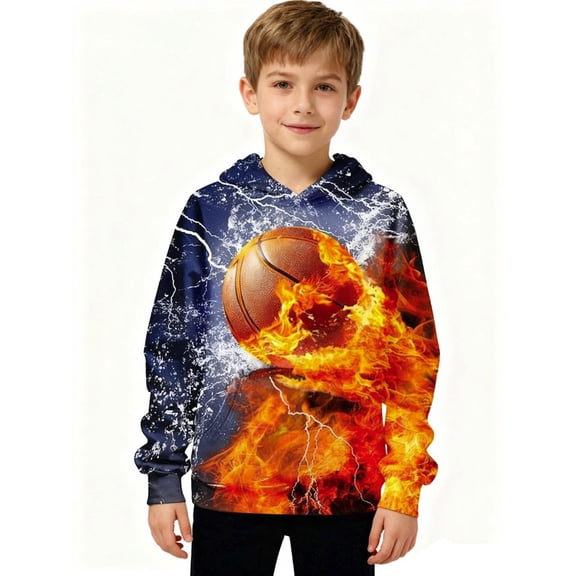 Bysome Toddler Hoodies For Baby Boys Basketball Print Fall Long Sleeve Hooded Trendy Dark Blue Pullover Tops Size 2-3 T