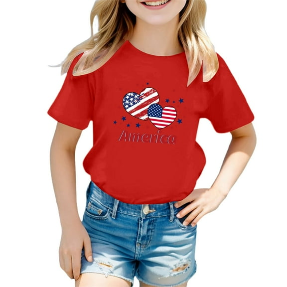 Bysome Usa Flag Tee Shirt Girls Boys Crew Neck Short Sleeve Tshirts Love Heart Letter Flag Print Cute Lightweight Summer Girls Tops Red Size 13-14 Years