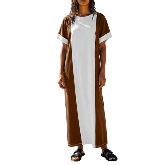 Bysome Women Dress Colorblock Short Sleeve Crew Neck Baggy Dresses Summer Casual Women Dresses Size 2XL Brown