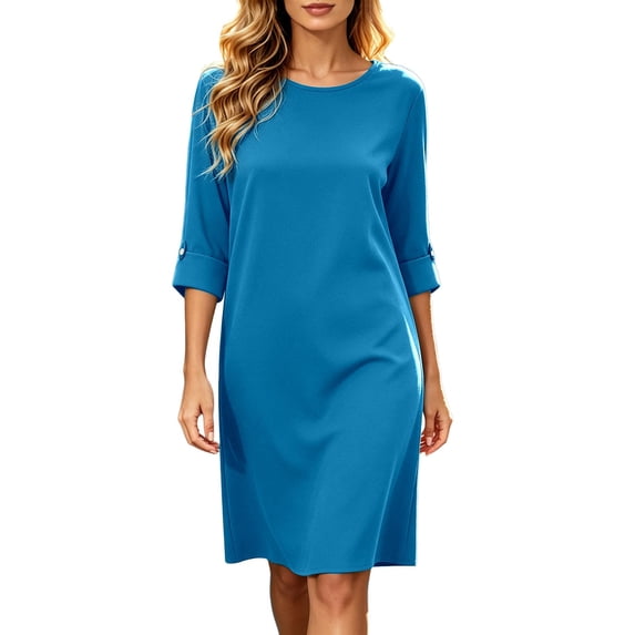 Bysome Women Dress Solid Color 3/4 Sleeve Crew Neck Loose Fit Dresses Summer Casual Women Dresses Size M Sky Blue