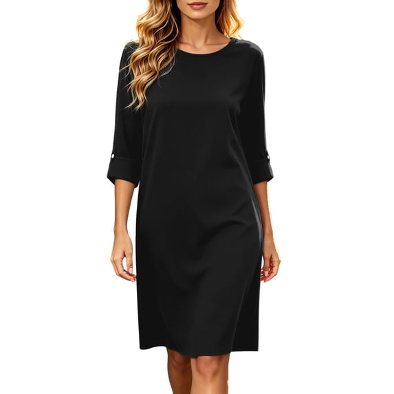Bysome Women Dress Solid Color 3/4 Sleeve Crew Neck Loose Fit Dresses Summer Cozy Soft Women Dresses Size L Black