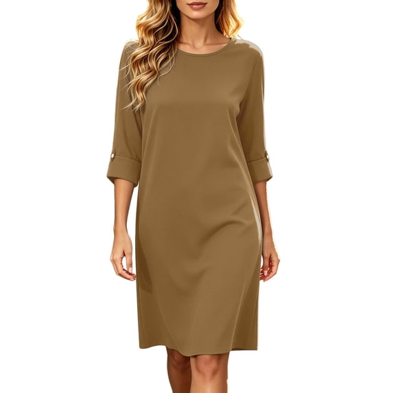 Bysome Women Dress Solid Color 3/4 Sleeve Crew Neck Loose Fit Dresses Summer Cozy Soft Women Dresses Size M Khaki