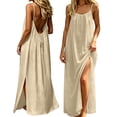 thumbnail image 1 of Bysome Women Dress Solid Color Sleeveless Round Neck Slit Dresses Summer Casual Women Dresses Size L Beige, 1 of 8