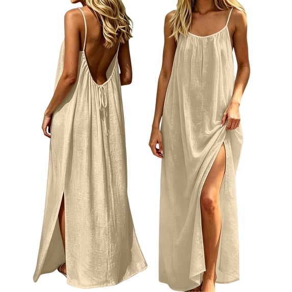 Bysome Women Dress Solid Color Sleeveless Round Neck Slit Dresses Summer Casual Women Dresses Size L Beige