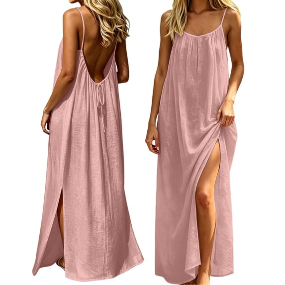 Bysome Women Dress Solid Color Sleeveless Round Neck Slit Dresses Summer Quick Dry Women Dresses Size L Light Pink