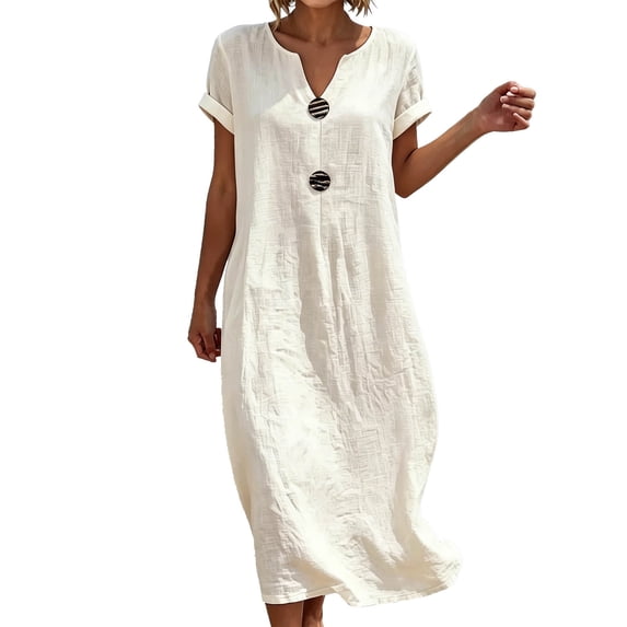 Bysome Women Dresses Button Down Solid Color Short Sleeve V-Neck Dress Summer Comfortable Women Dress Size L White