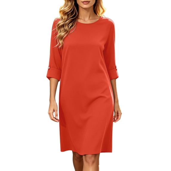 Bysome Women Dresses Solid Color 3/4 Sleeve Crew Neck Loose Fit Dress Summer Comfortable Women Dress Size S Orange