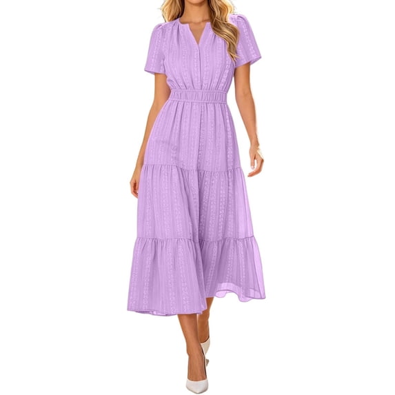Bysome Women Dresses Solid Color Short Sleeve V-Neck Pleated Flowy Dress Summer Comfortable Women Dress Size L Purple