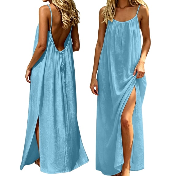Bysome Women Dresses Solid Color Sleeveless Round Neck Slit Dress Summer Breathable Women Dress Size M Light Blue