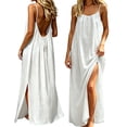 thumbnail image 1 of Bysome Women Dresses Solid Color Sleeveless Round Neck Slit Dress Summer Breathable Women Dress Size M White, 1 of 7