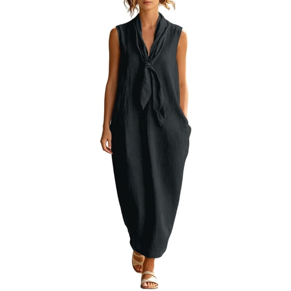 Bysome Women Dresses Solid Color Sleeveless Tie Neck Dress Summer Breathable Women Dress Size 2XL Black