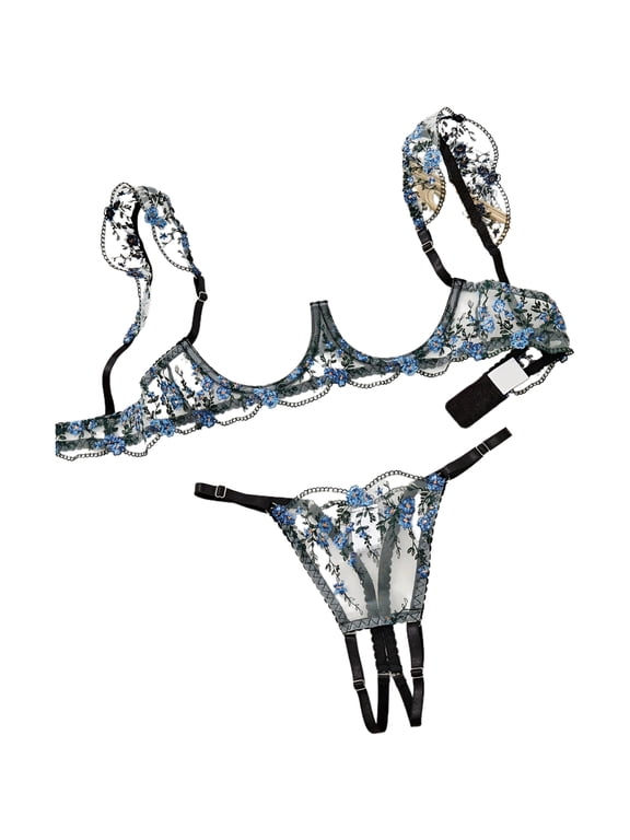 Blue Bra and Panty Set for Women Sexy Underwear Lingerie Foral Embroidery with Hollow out Sheer G-String Thongs No-removal 2 Pcs