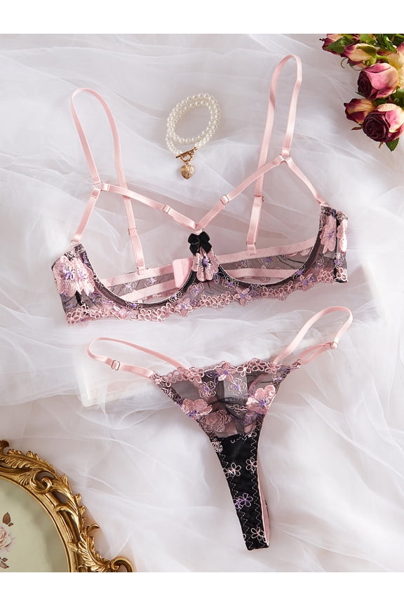 Pink and Black Bra and Panty Set for Women Sexy Underwear Lingerie Cute Exotic Foral Lace Embroidery with Hollow out Sheer G-String Thongs Babydoll