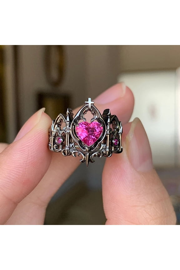Bystar Gothic Style Cross Crown Pink Love Gemstone Ring, French Opening Adjustable Ring, For Women, For Gifts, For Birthdays, For Christmas