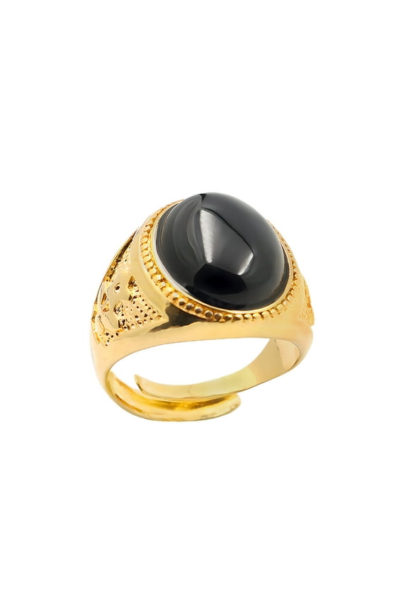 Men Ring 18K Gold Plated Black Stone Band Ring Opening Adjustable