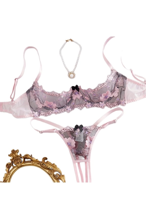 Pink&Black Bra and Panty Set for Women Sexy Underwear Lingerie Cute Exotic Foral Lace Embroidery with Hollow out Sheer G-String Thongs No-removal