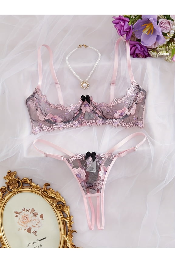 Pink&Black Bra and Panty Set for Women Sexy Underwear Lingerie Cute Exotic Foral Lace Embroidery with Hollow out Sheer G-String Thongs No-removal