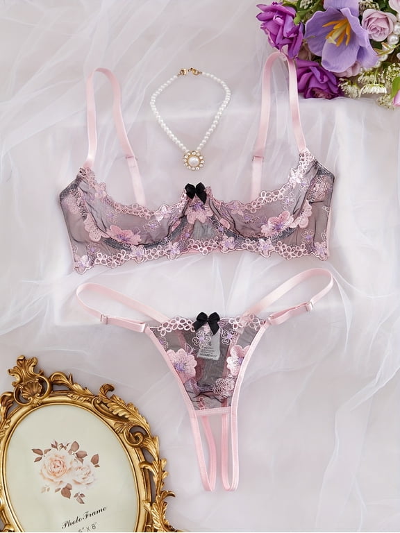 Pink&Black Bra and Panty Set for Women Sexy Underwear Lingerie Cute Exotic Foral Lace Embroidery with Hollow out Sheer G-String Thongs No-removal