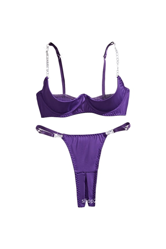 Sexy Underwire solid color Push Up Bra Half cup holder chain crotch opening Lingerie Set for Women 2 Piece