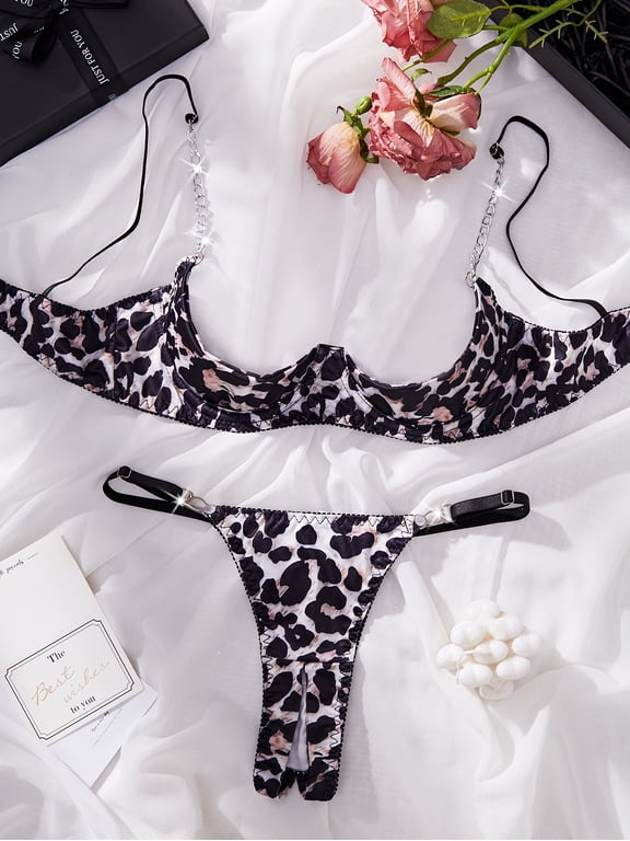 Sexy Underwire Solid Color/Leopard Print Push Up Bra Half cup holder chain crotch opening Lingerie Set for Women 2 Piece