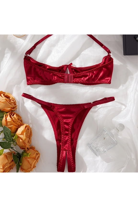 Sexy Underwire solid color Push Up Bra Half cup holder chain crotch opening elasticity Lingerie Set for Women 2 Piece