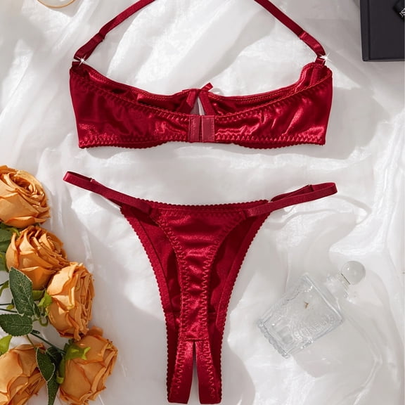 Bystar Sexy Underwire solid color Push Up Bra Half cup holder chain crotch opening elasticity Lingerie Set for Women 2 Piece