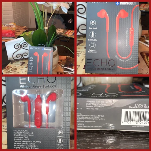 ??Bytech Echo Wireless Stereo Earbuds {Red} Clear Clear Sound W/ Bluetooth ??