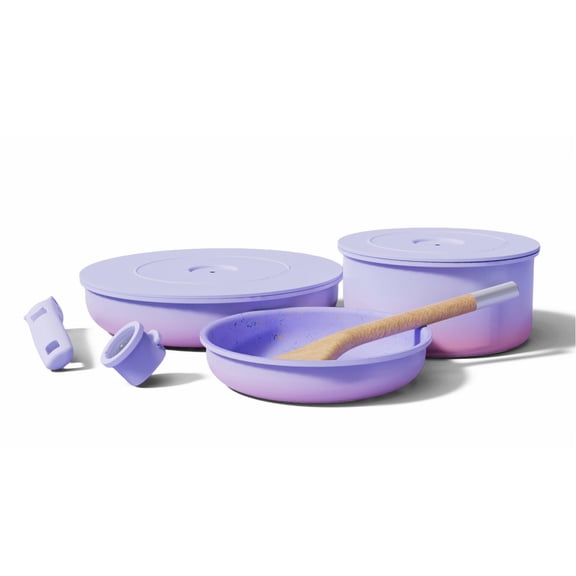 BytheTable Ombr Titanium Ceramic Cookware Set Non Toxic - 8 Pcs Non Stick Pots and Pans Set with Removable Handles, Magnetic Lid & Wooden Spatula for Cooking - Oven & Dishwasher Safe (Lavender) Y101