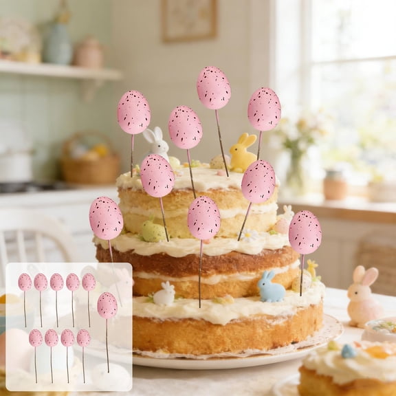 Byujiro 10Pcs Easter Egg Cake Toppers, Speckled Egg Picks with Stems, Spring Floral Arrangement Picks, Cupcake Decorations for Easter, Birthday, Baby Shower, and Spring Party Supplies