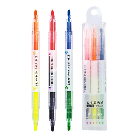 Byujiro 3-Count Dual-Tip Highlighter Set Double-Ended Chisel & Fine Tip Markers for Highlighting, Underlining, Note-Taking & Art Projects