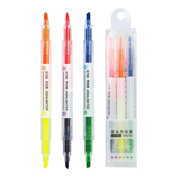 Byujiro 3-Count Dual-Tip Highlighter Set Double-Ended Chisel & Fine Tip Markers for Highlighting, Underlining, Note-Taking & Art Projects