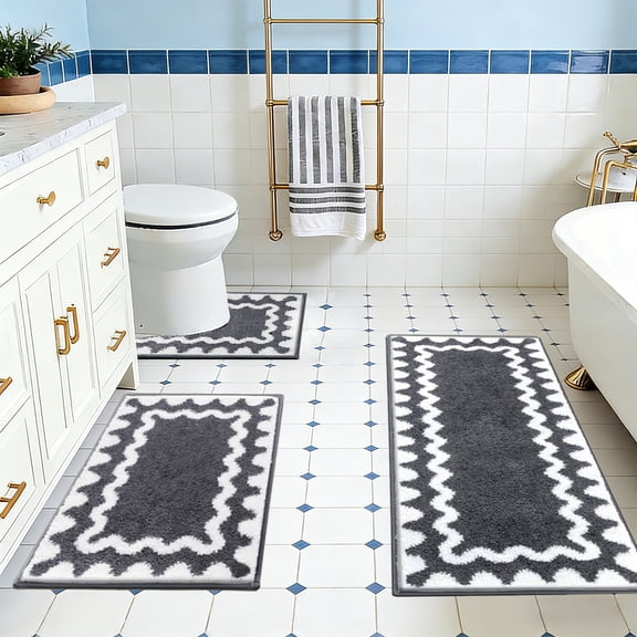 Byujiro 3-Piece Faux Wool Bathroom Rug Set Soft Plush Non-Slip Bath Mat Set, Absorbent Toilet & Shower Mats with Scalloped Border, Quick Dry, Modern Boho Style