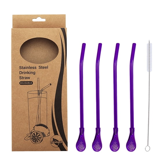 Byujiro 4 Pack Stainless Steel Straw Spoons, Reusable 2-in-1 Drinking Straws & Stirring Spoons with Cleaning Brush, Multi-Functional Metal Straws for Coffee, Smoothies & Drinks