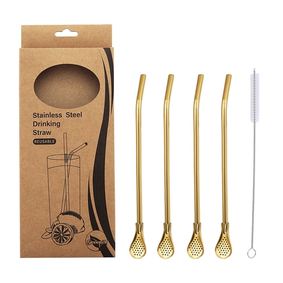 Byujiro 4 Pack Stainless Steel Straw Spoons, Reusable 2-in-1 Drinking Straws & Stirring Spoons with Cleaning Brush, Multi-Functional Metal Straws for Coffee, Smoothies & Drinks