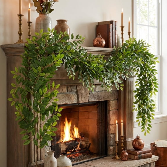 Byujiro 66.9 Inch Artificial Green Leaf Garland Faux Trailing Foliage Vine Flexible Greenery Swag Versatile Decor for Fireplace Mantel, Stair Handrail, Window Frame, Wedding Arch