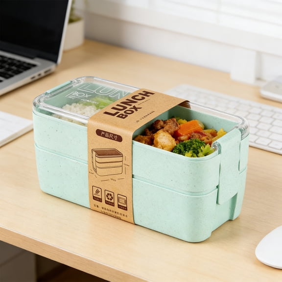 Byujiro 750ml 2-Tier Wheat Straw Bento Lunch Box, 25.4oz Portable Fresh-Keeping Food Container with Built-In Cutlery Slot, Lightweight Design for Office Workers, Students