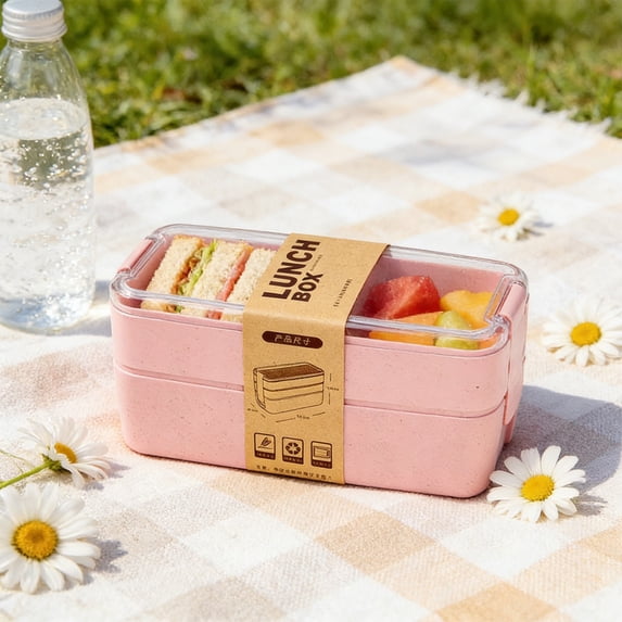 Byujiro 750ml 2-Tier Wheat Straw Bento Lunch Box, 25.4oz Portable Fresh-Keeping Food Container with Built-In Cutlery Slot, Lightweight Design for Office Workers, Students
