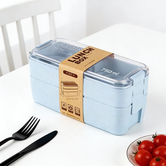 Byujiro 750ml 2-Tier Wheat Straw Bento Lunch Box, 25.4oz Portable Fresh-Keeping Food Container with Built-In Cutlery Slot, Lightweight Design for Office Workers, Students