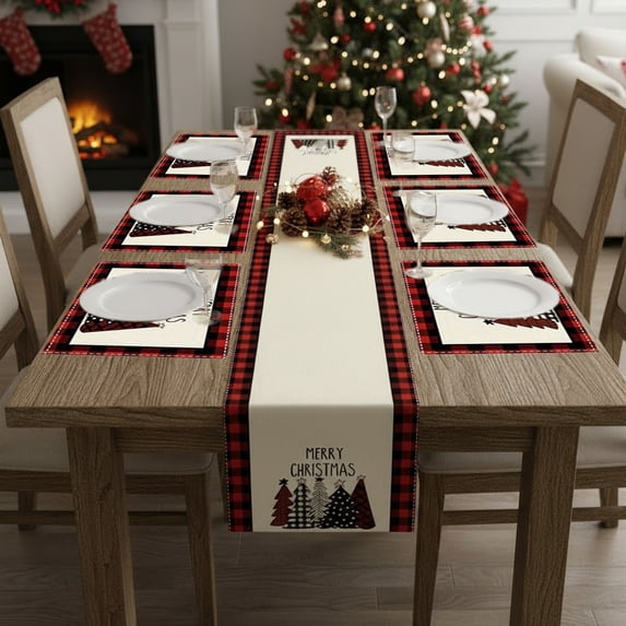 Byujiro Christmas Table Runner and Placemats Set, 1‑Piece Table Runner with 6‑Pcs Placemats, Snowflake Printed Fabric Table Topper for Xmas Holiday Dinner, Family Gathering