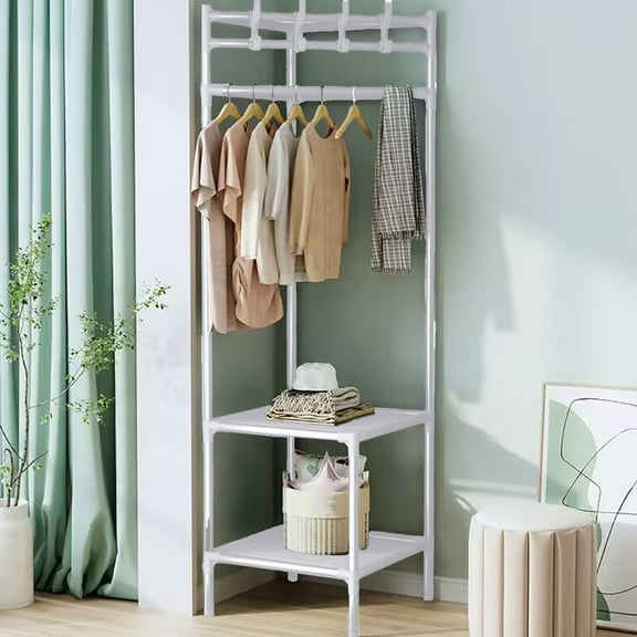 Byujiro Clothes Rack Coat Rack Freestanding Closet Organizer Hall Tree with 2 Storage Shelves Corner Storage Organizer for Entryway Bedroom