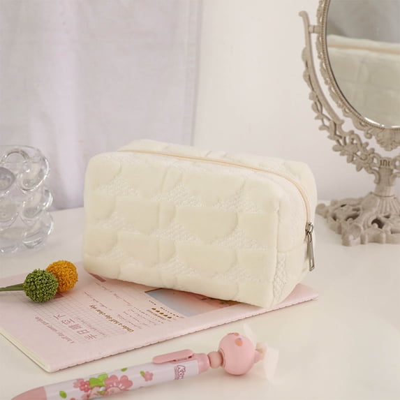 Byujiro Cloud Quilted Plush Cosmetic Pouch Soft Fluffy Multi-Purpose Makeup Organizer Spacious Zippered Storage Bag for Daily Essentials