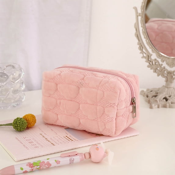 Byujiro Cloud Quilted Plush Cosmetic Pouch Soft Fluffy Multi-Purpose Makeup Organizer Spacious Zippered Storage Bag for Daily Essentials