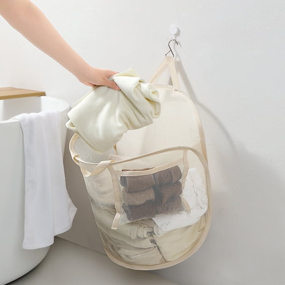 Byujiro Collapsible Hanging Mesh Laundry Hamper Wall Mount Breathable Net Dirty Clothes Basket with Separate Divider Pocket, Foldable Lightweight Garment Storage Bin for Bathroom Shower Wall