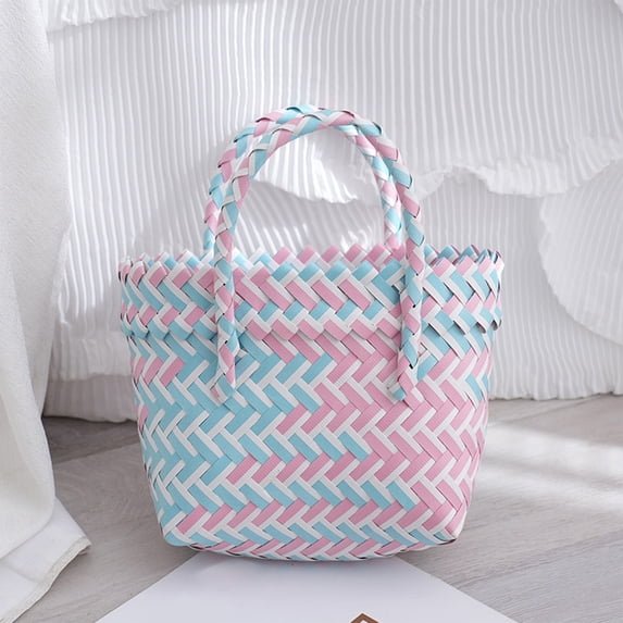 Byujiro Colorful Woven Plastic Tote Basket Multi-Purpose Handheld Bag, Ideal for Beach Days, Gifts, Errands & Everyday Use