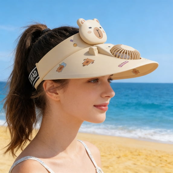 Byujiro Cute Cartoon Animal Fan Sun Visor Hat Rechargeable USB Cooling Visor with Fan UV Protection Wide Brim Sun Hat for Outdoor