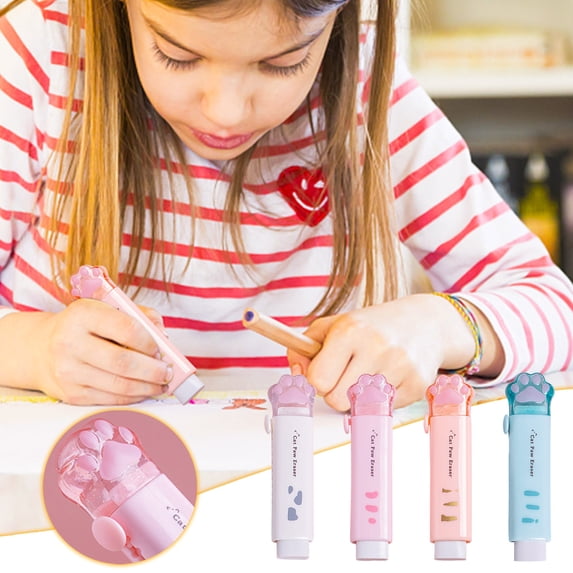 Byujiro Cute Cat Paw Retractable Pencil Eraser, Kawaii Slide Push Eraser, Low Dust Smudge-Free Clean Erasing, Portable Pocket Size Stationery for Sketching, Homework, Art Drafting