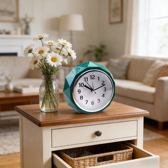 Byujiro Diamond Faceted Analog Bedside Alarm Clock Geometric Polygonal Wake Up Clock Modern Decor Large Clear Numeral Desk Clock for Bedroom Nightstand Living Room Dorm